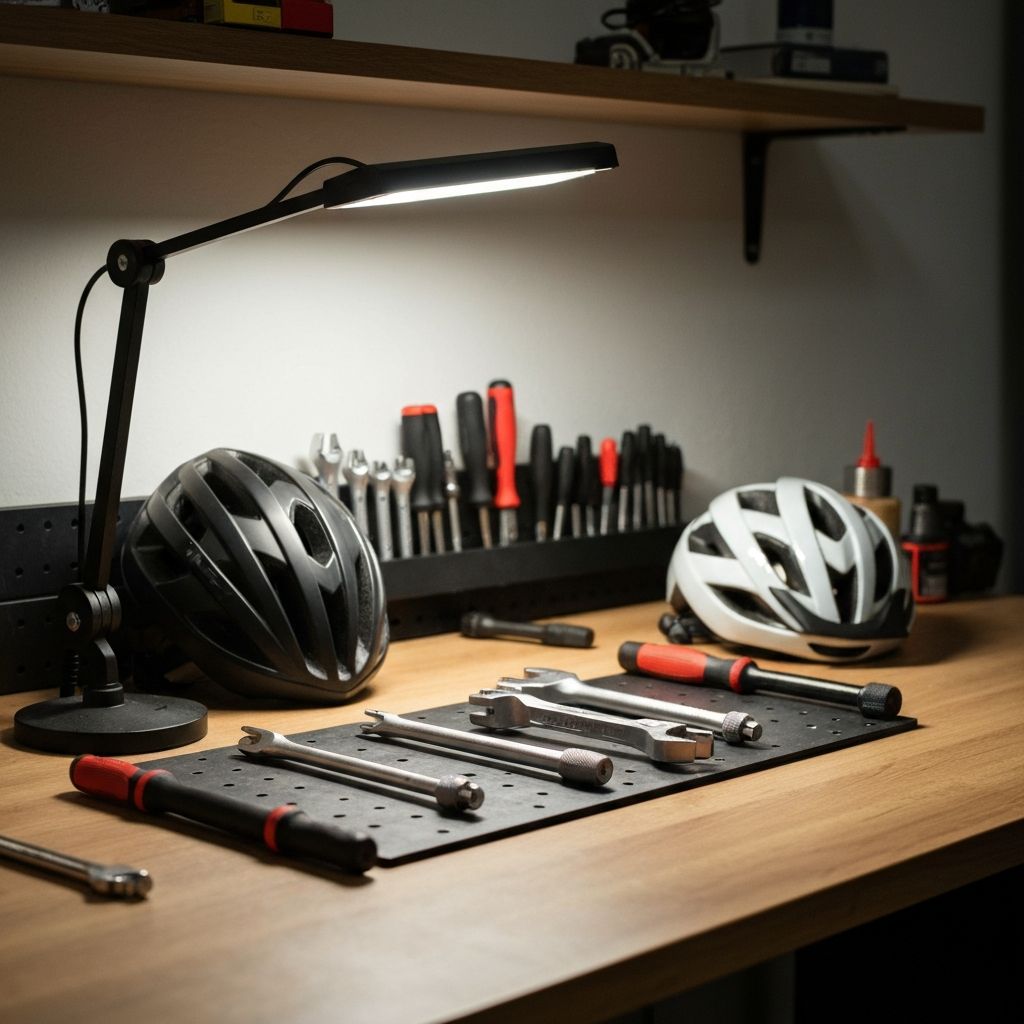 Aufgeräumte Werkstatt mit Werkzeugen, Leuchten und Fahrradhelm auf dem Tisch